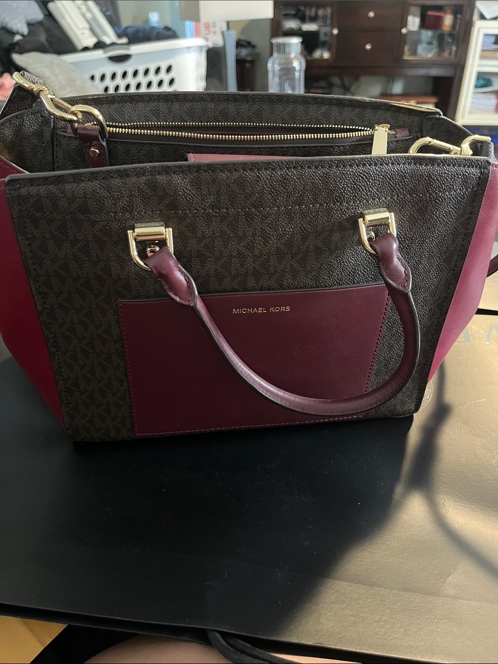 Michael Kors Brown Logo Satchel with Burgundy Accents